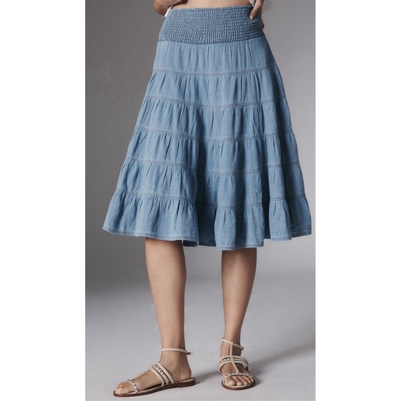 Pilcro Dresses & Skirts - PILCRO XL Reese 100% Cotton Smocked Midi Skirt Light Denim $148 Anthropologie